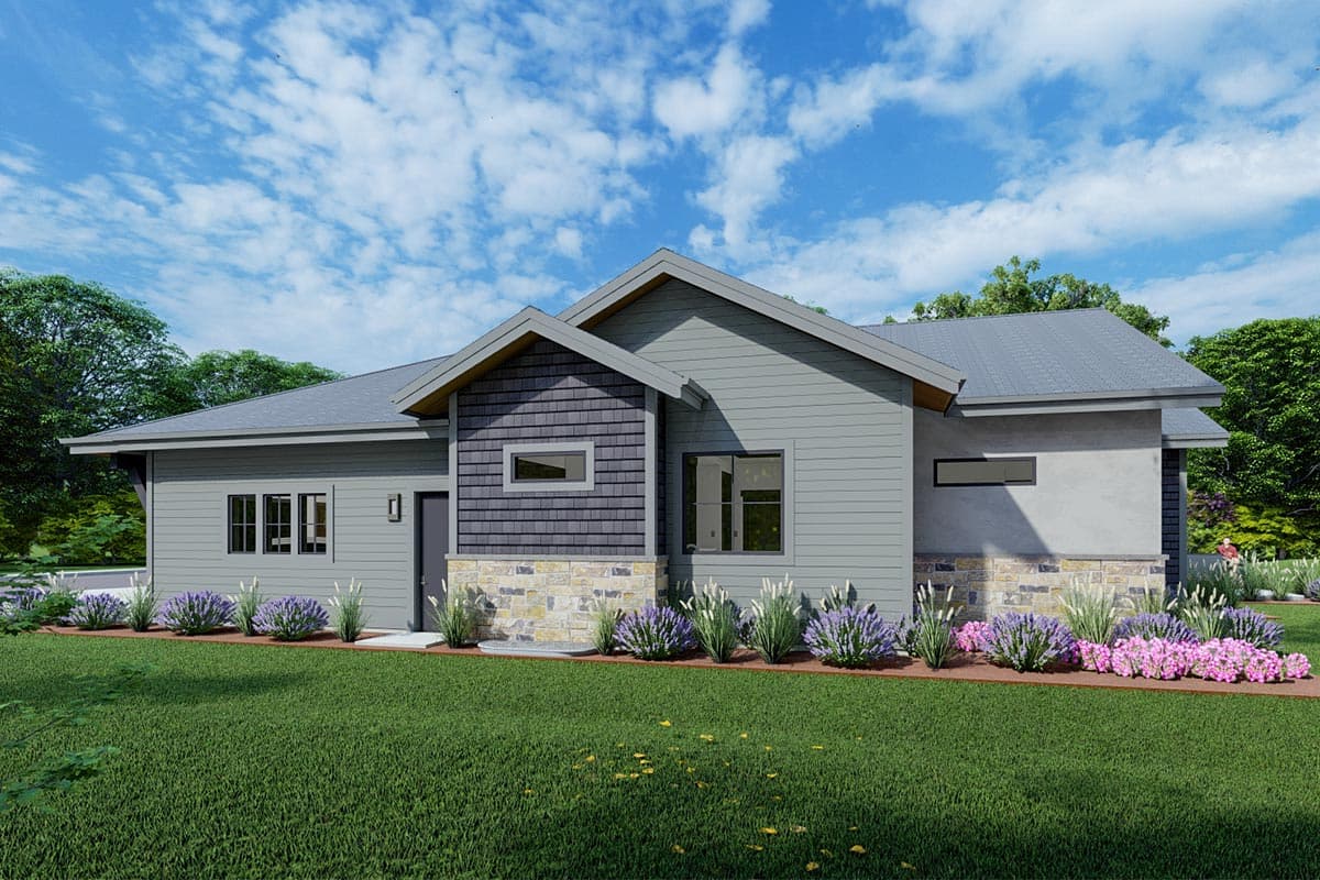 Plan 64528SC: One-story Shingle-and-stone House Plan with Unique Angled Post Front Porch - Image #7 - Bungalow, Craftsman, Prairie, Ranch