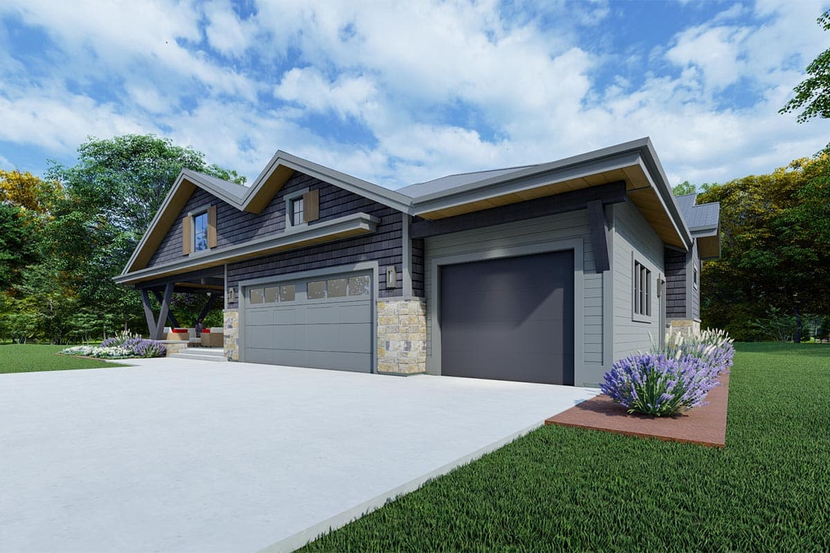 Plan 64528SC: One-story Shingle-and-stone House Plan with Unique Angled Post Front Porch - Image #8 - Bungalow, Craftsman, Prairie, Ranch