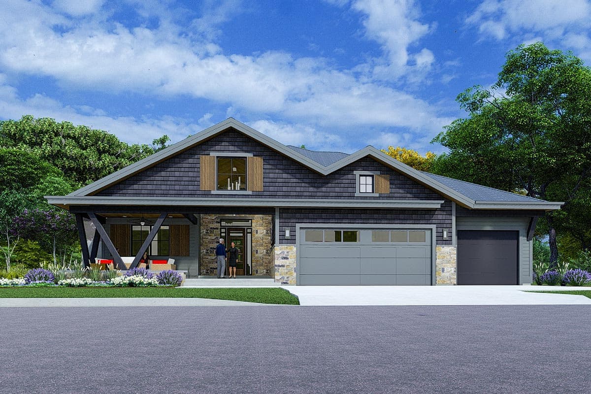 Plan 64528SC: One-story Shingle-and-stone House Plan with Unique Angled Post Front Porch - Image #10 - Bungalow, Craftsman, Prairie, Ranch