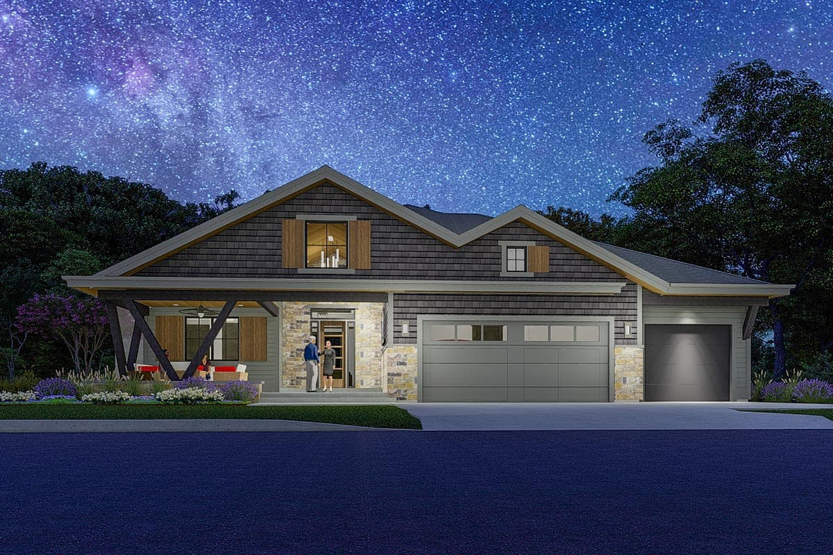 Plan 64528SC: One-story Shingle-and-stone House Plan with Unique Angled Post Front Porch - Image #11 - Bungalow, Craftsman, Prairie, Ranch