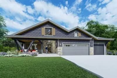 One-story Shingle-and-stone House Plan with Unique Angled Post Front Porch