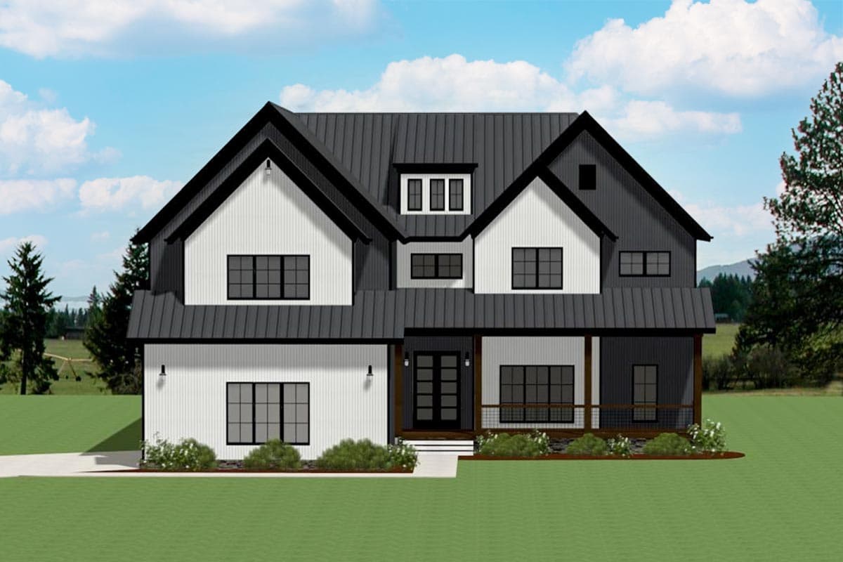 House plan exterior. Modern Farmhouse, two stories, featuring a front porch with railing, multiple gables, and dark metal roof.