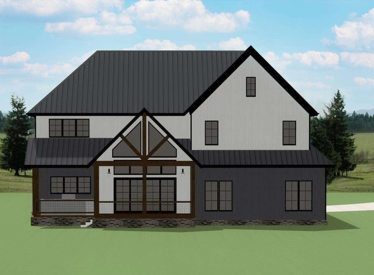 Modern Farmhouse house plan exterior with a metal roof, gables, large picture windows, and a covered entry.