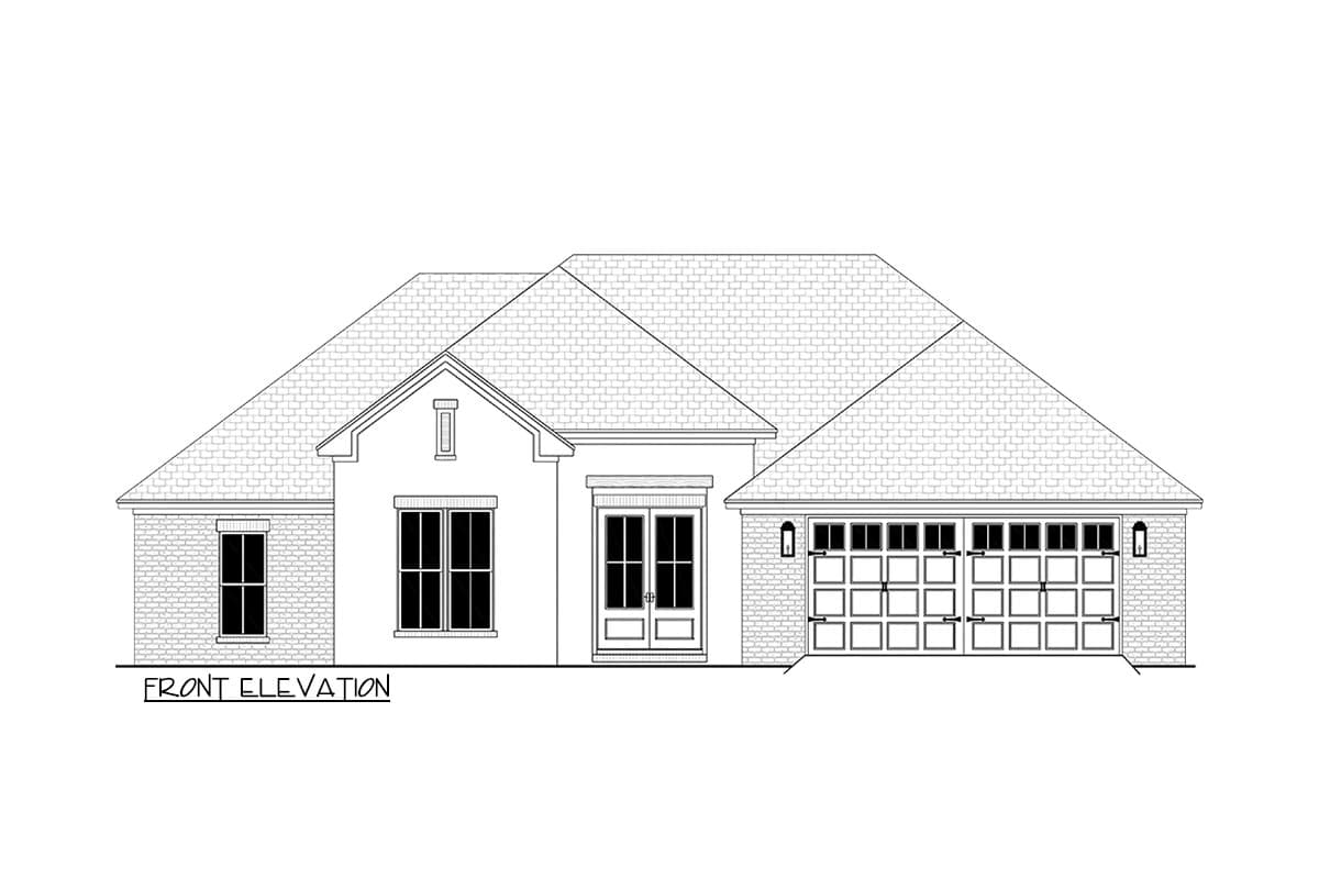 Front elevation drawing of a one-story house plan with a prominent gable, double doors, and a three-car garage.