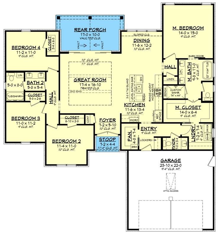 Plan 51912HZ: Single Story Country House Plan with 4-Beds under 2000 SqFt - Floor Plan - Main Level - Acadian, Country, Louisiana-Style, Ranch, Traditional