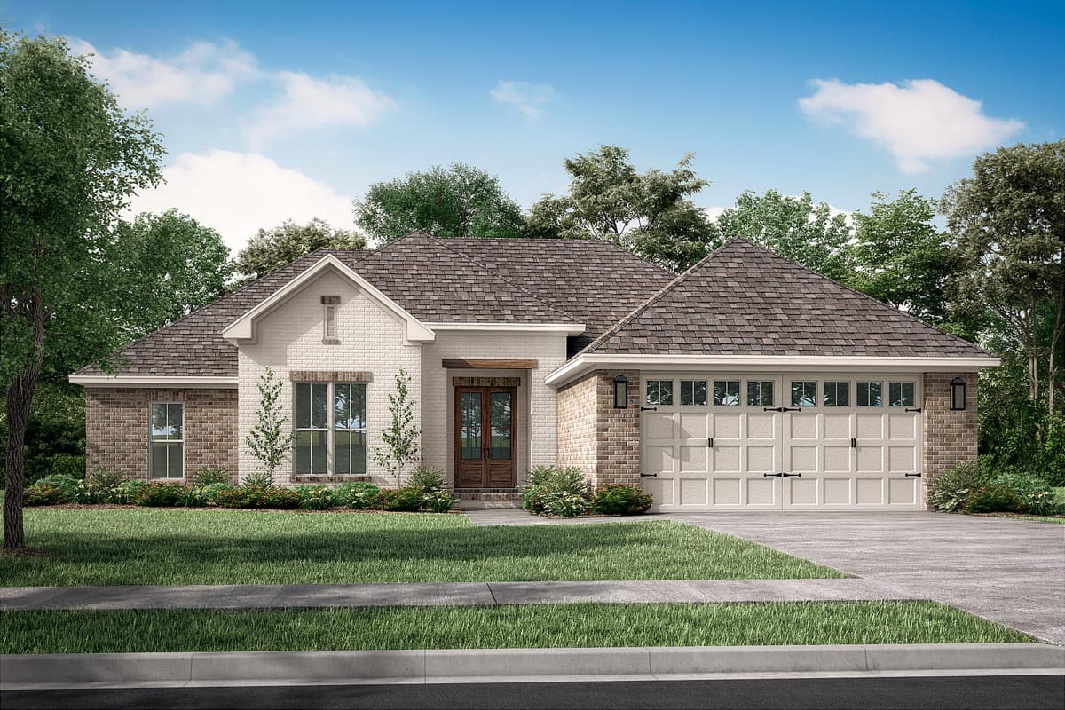 House plan exterior: One-story Modern Farmhouse with brick and white siding, gable roof, covered entry, and a double garage.