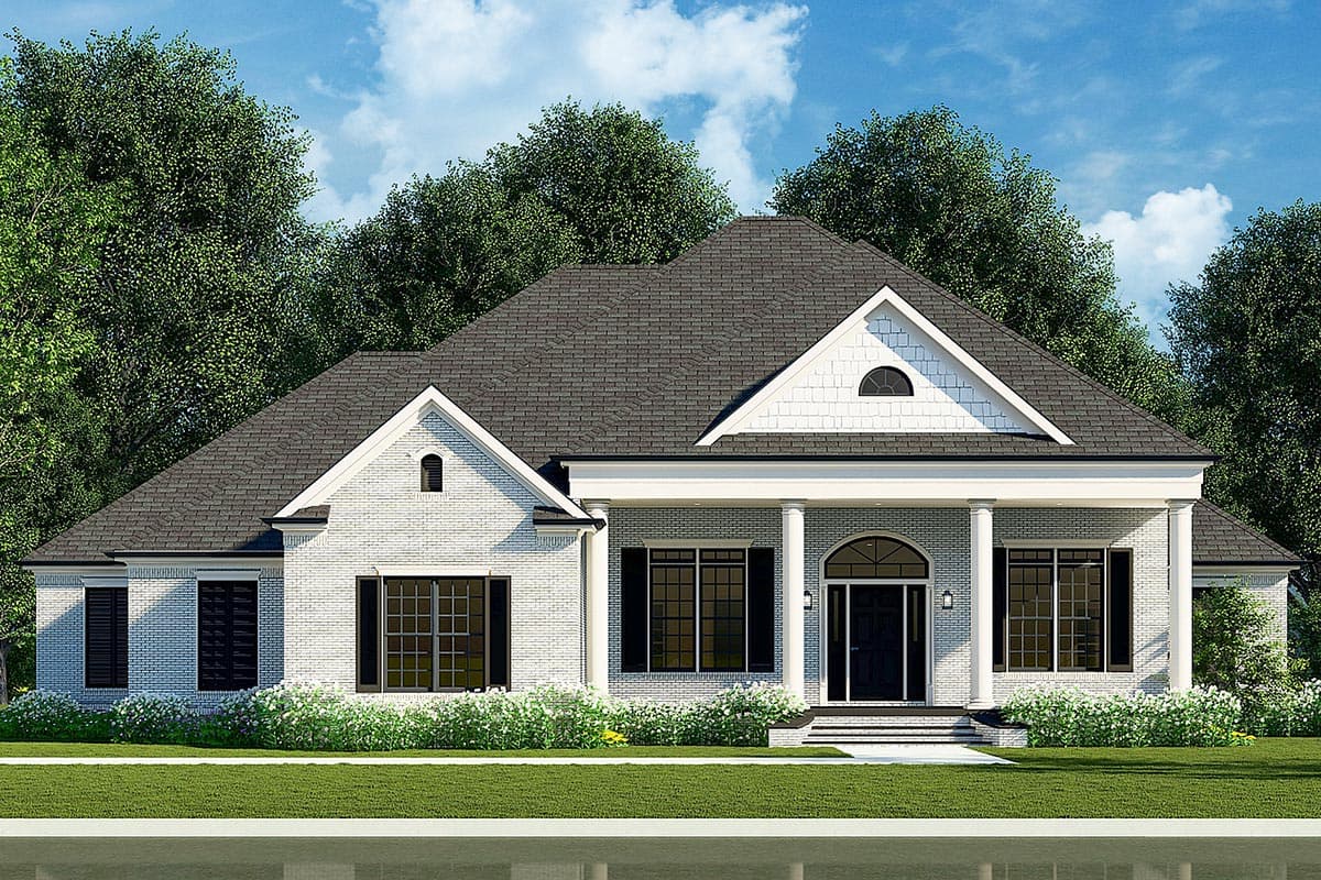 House plan exterior. One-story brick home with a gable roof, covered porch supported by columns, and dormer detail.