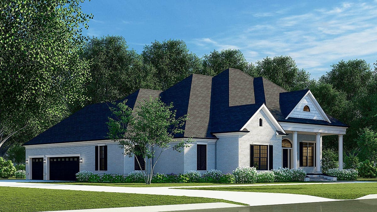 House plan exterior: White brick, two-story Modern Farmhouse with a hip roof, gable dormer, and covered front porch with columns.