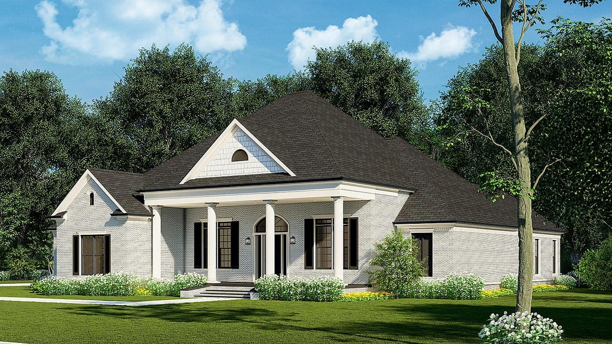 House plan exterior of a one-story home with a prominent front porch supported by columns, gabled dormer, and arched entry.