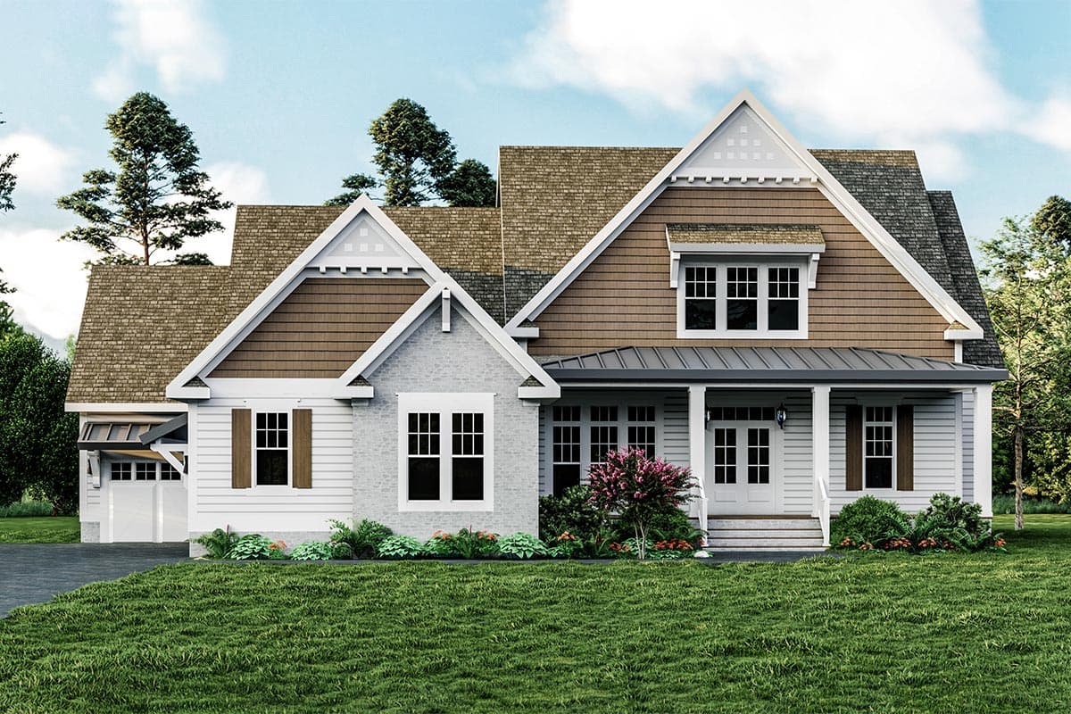 House plan exterior featuring a two-story Craftsman style home with gabled rooflines, covered porch, and a detached garage.