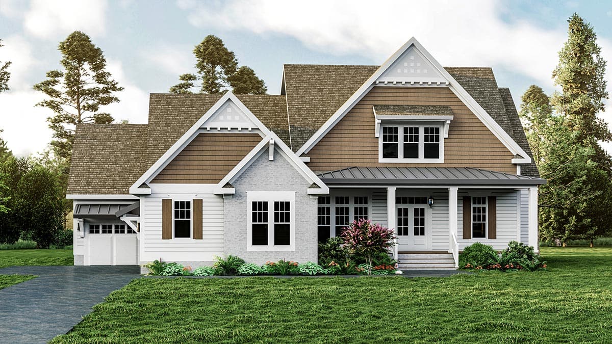 House plan exterior: Two-story modern farmhouse with gabled dormers, covered front porch, and attached two-car garage.