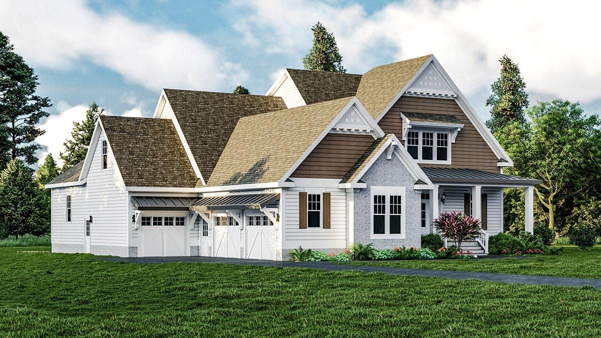 House plan exterior featuring a mix of siding and stone, gable rooflines, dormers, a covered porch, and a three-car garage.