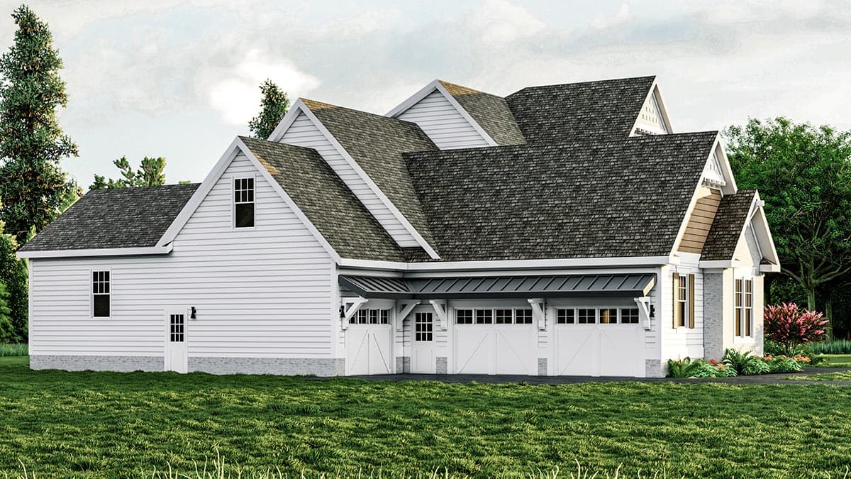 House plan exterior: Modern Farmhouse style with multiple gables, a covered porte-cochère, and a three-car garage.