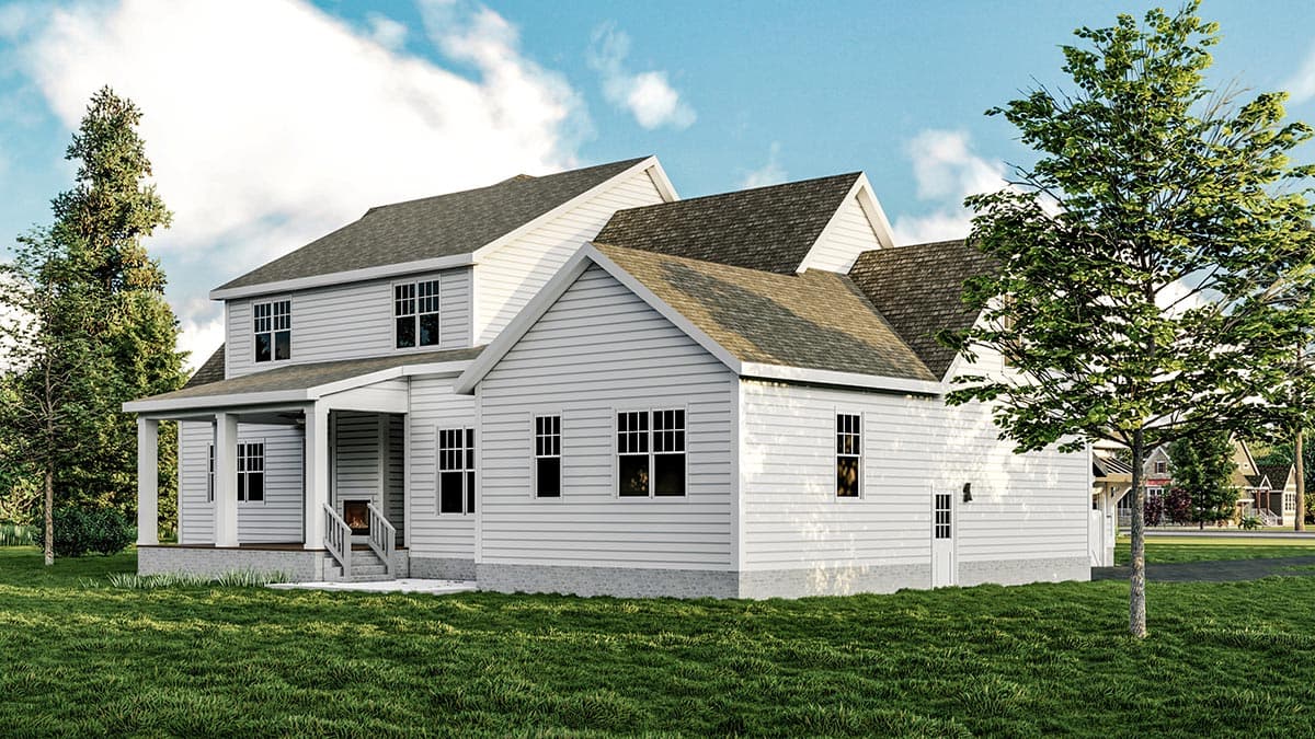 House plan exterior: Two-story Modern Farmhouse with a covered porch, multiple gables, and a detached garage.