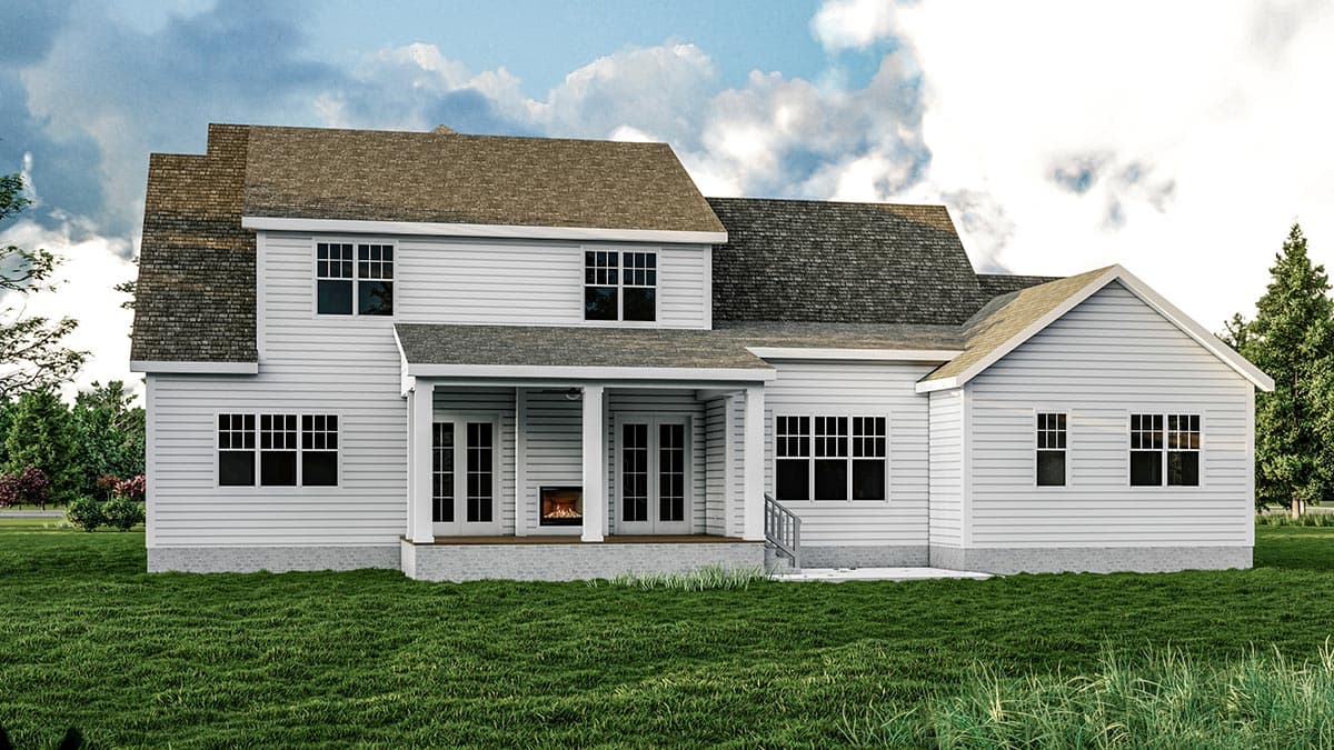 House plan exterior, two stories, white siding, covered porch with fireplace, gable rooflines, and multiple windows.