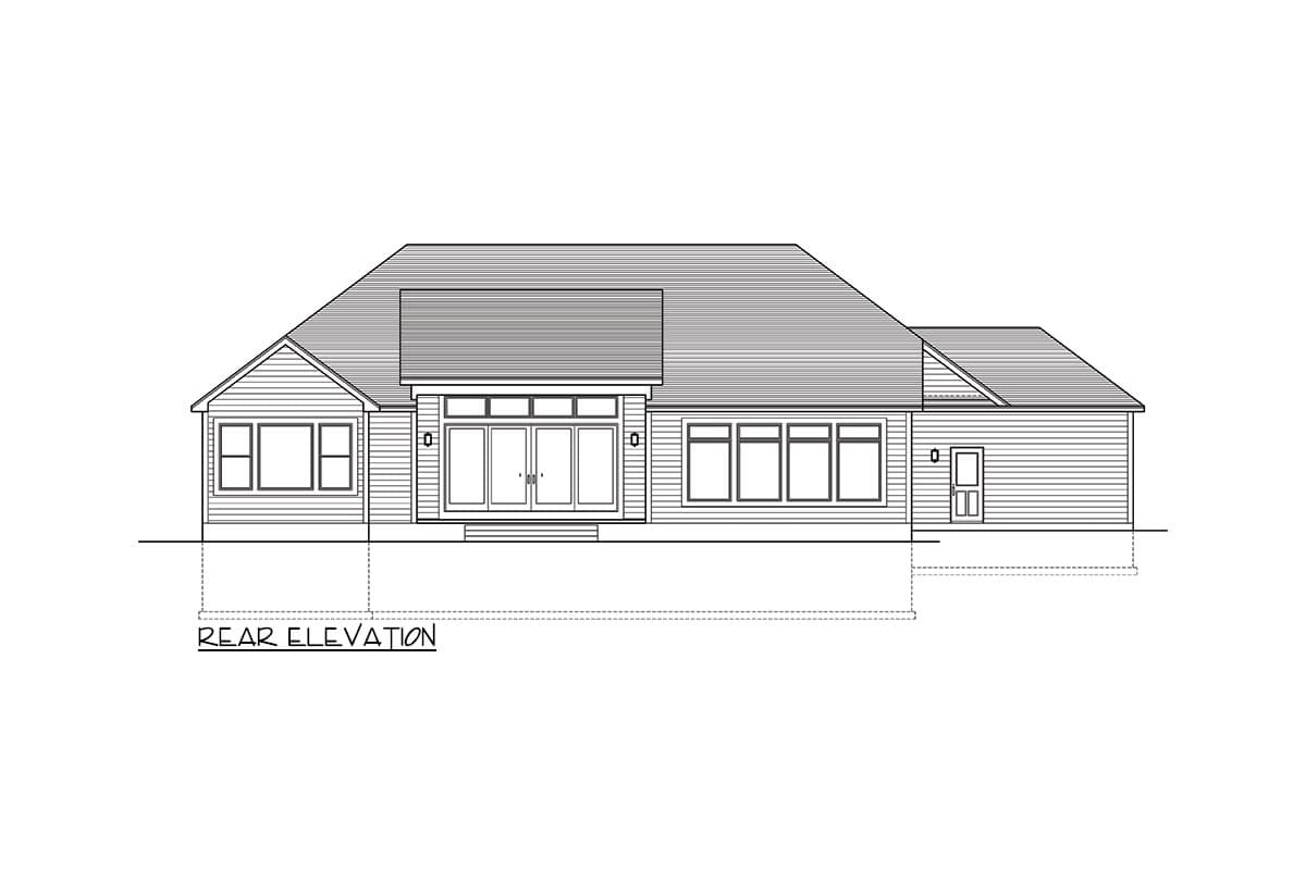 Rear elevation drawing of a one-story house plan with horizontal siding, double doors, and multiple windows.