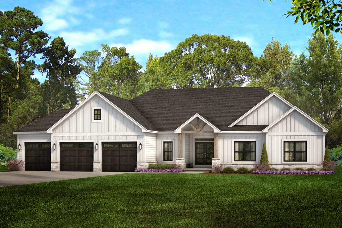 House plan exterior featuring a single-story Modern Farmhouse design with a gable roof, board-and-batten siding, and a three-car garage.