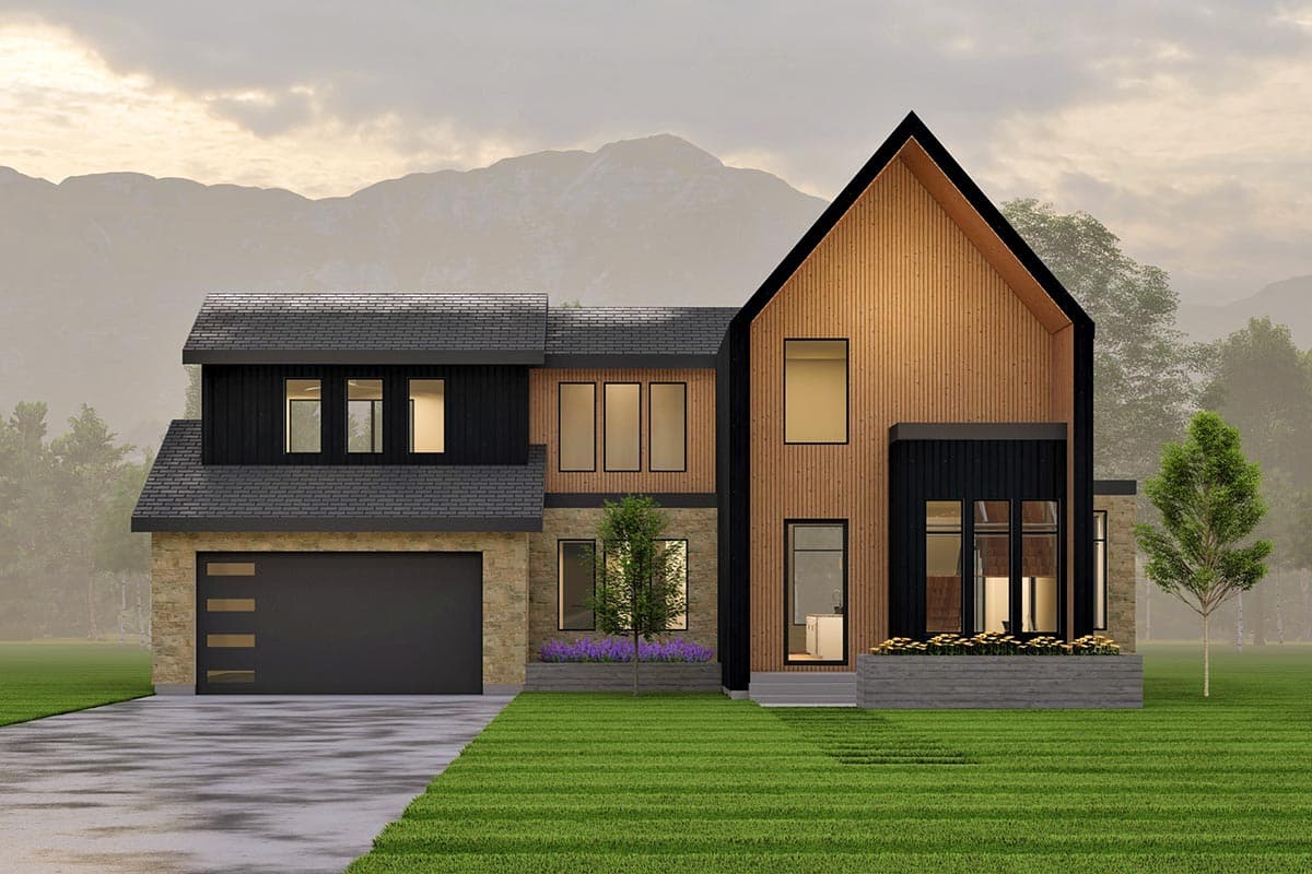 House plan exterior with modern style, two stories, and features a gabled roof, vertical wood siding, and an attached garage.