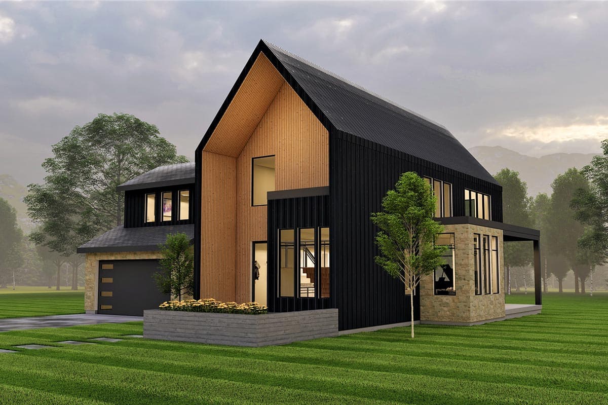 Modern house plan exterior: two stories, metal gable roof, wood and stone facade, attached two-car garage.