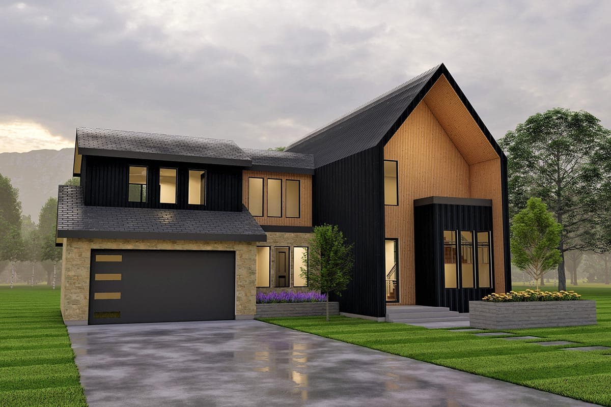 House plan exterior: Modern two-story residence with a prominent gabled roof, black vertical siding, stone accents, and a three-car garage.