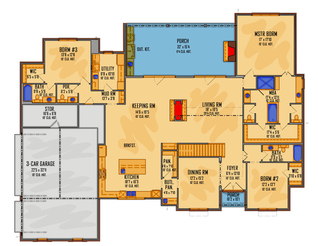 Plan 510225WDY: 5-Bed Transitional Farmhouse Under 4000 Square Feet with 2-Sided Fireplace - Floor Plan - Main Level - Contemporary, Country, Craftsman, European, Farmhouse, French Country, New American, Southern, Traditional, Transitional