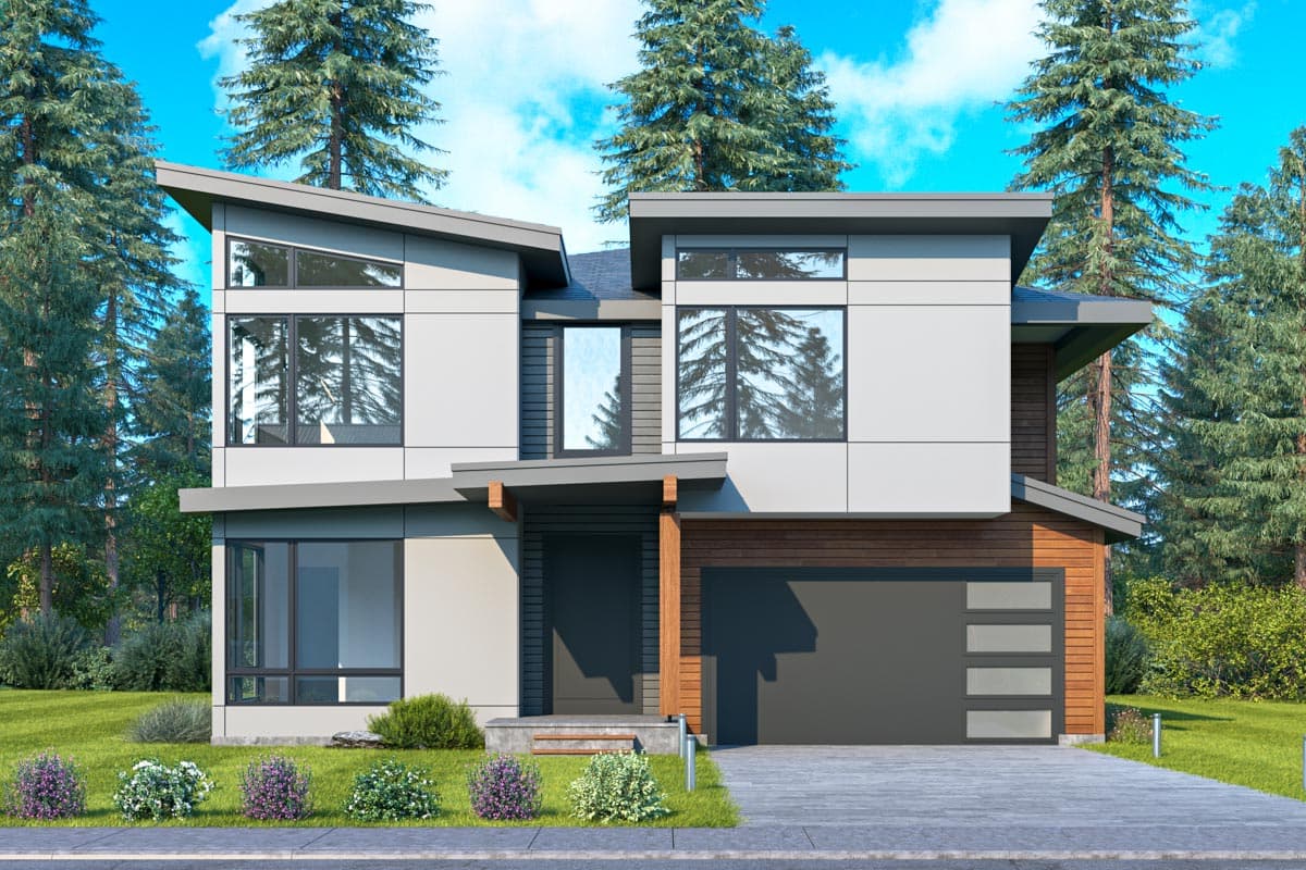House plan exterior. Two-story modern style with flat and shed rooflines, and a two-car garage. Features large windows and entry porch.