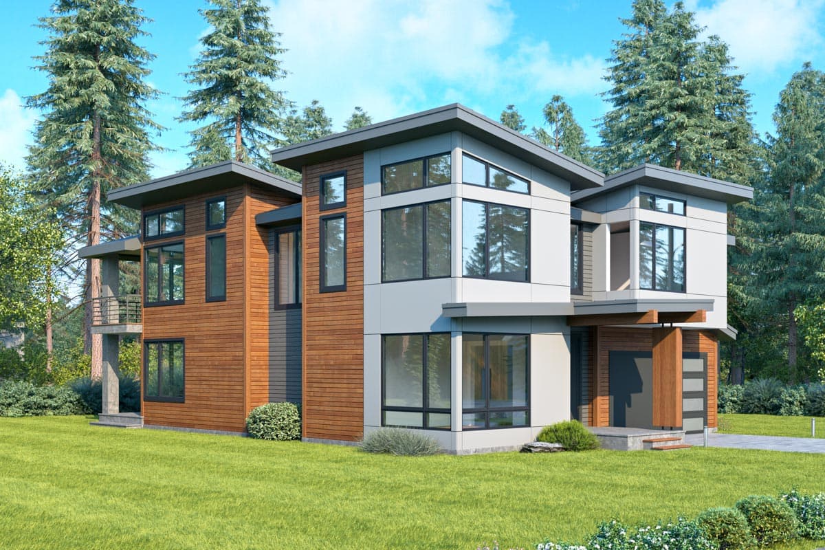 Modern house plan exterior with wood siding, stucco, multiple gables, and large windows.