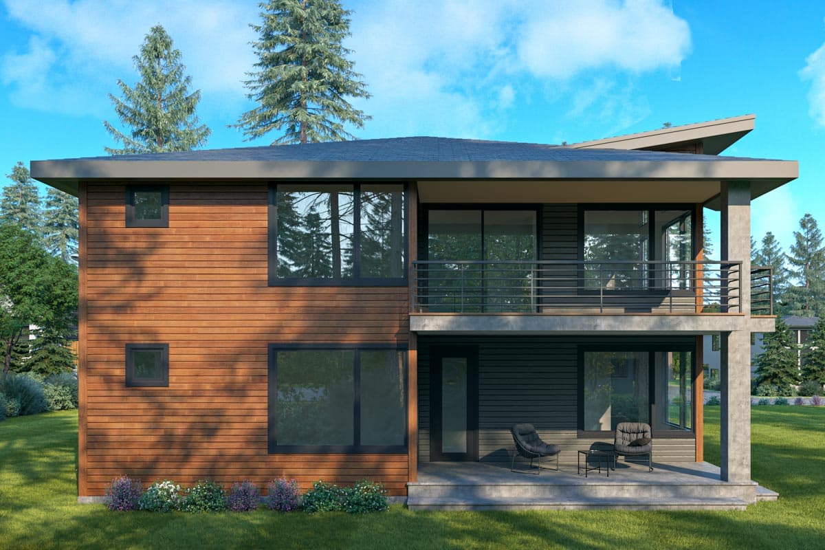 Modern two-story house plan exterior with wood siding, large windows, a second-story balcony, and a covered patio.