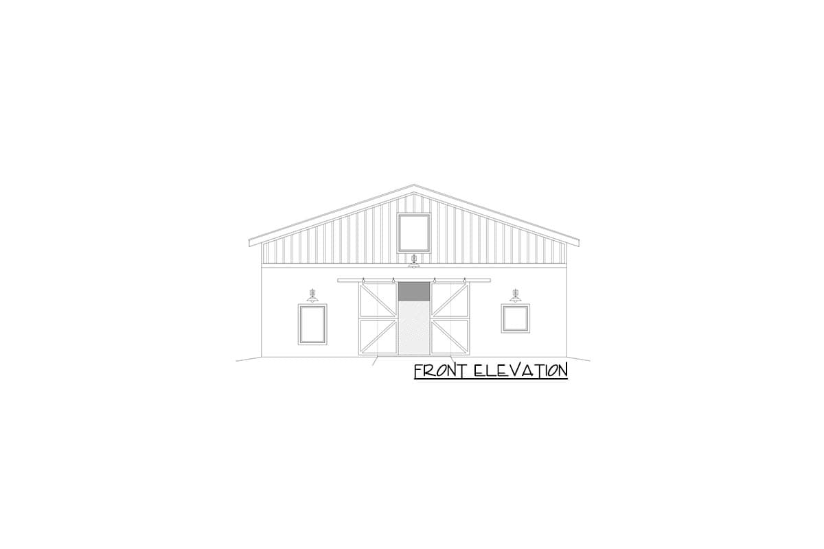 Front elevation drawing of a barn-style house plan with sliding doors, two windows, and gabled roof.