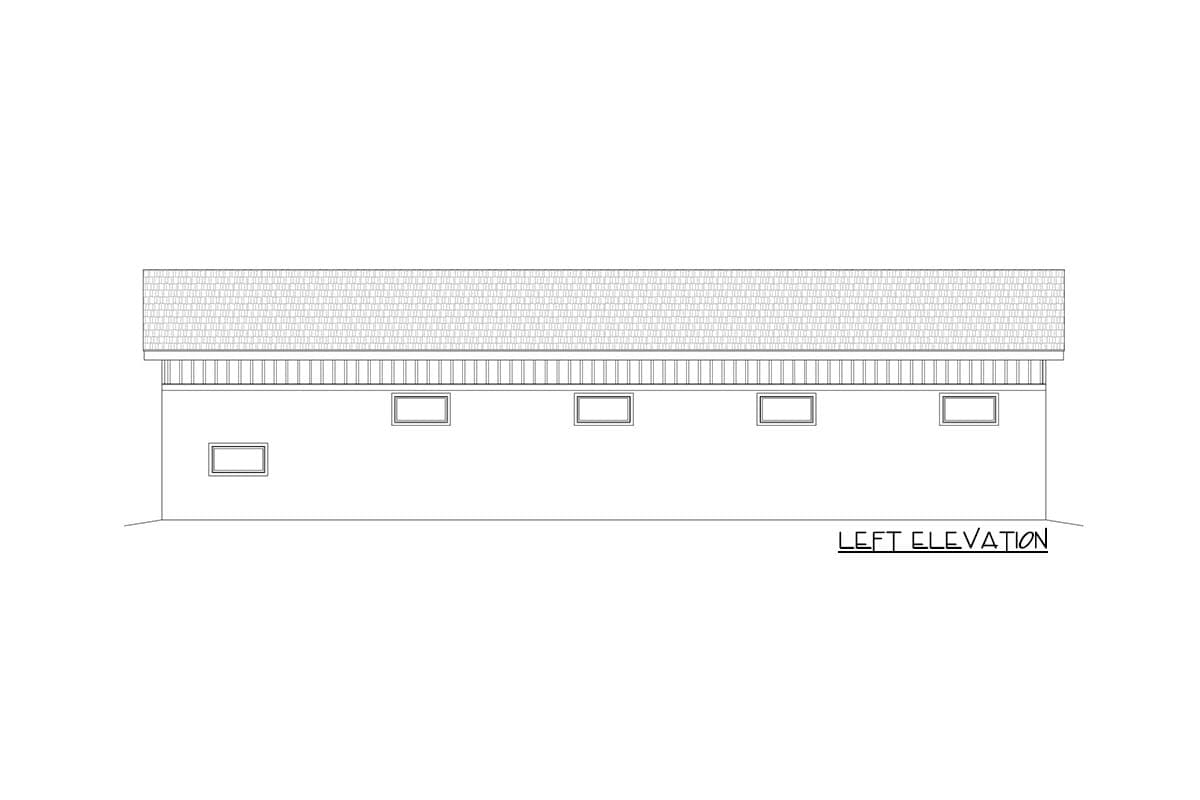 Left elevation drawing of a house plan showing a simple rectangular structure with a pitched roof and six small, evenly spaced windows.