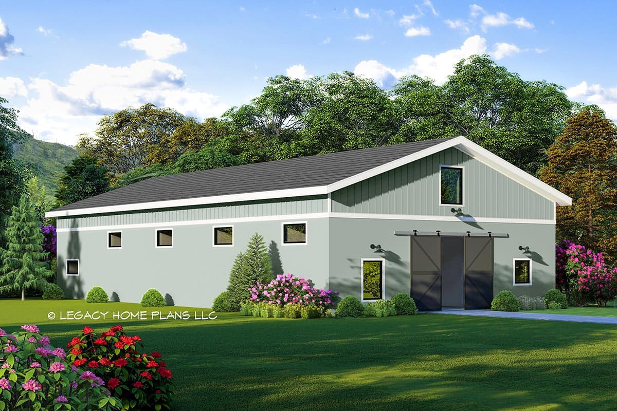House plan exterior with a gable roof, two-story structure, and sliding barn doors. Features several rectangular windows and landscaping.