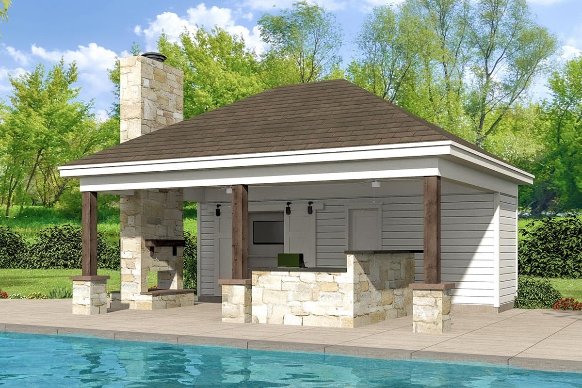House plan exterior with stone chimney, outdoor kitchen, and gable roof. Structure includes a pool and a covered patio area.