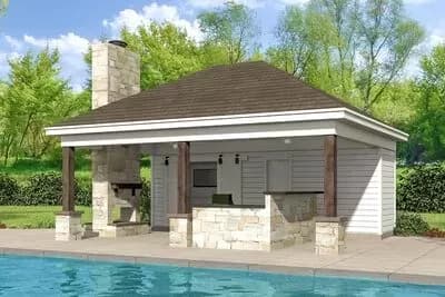 Pool House with Outdoor Fireplace and an Indoor and Outdoor Showers