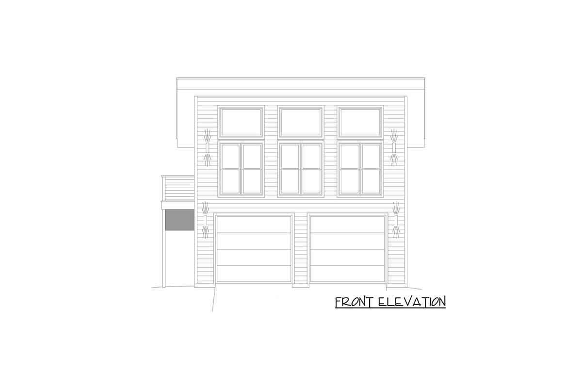 Front elevation drawing of a modern house plan featuring two garage doors, a balcony, and a stacked window arrangement.