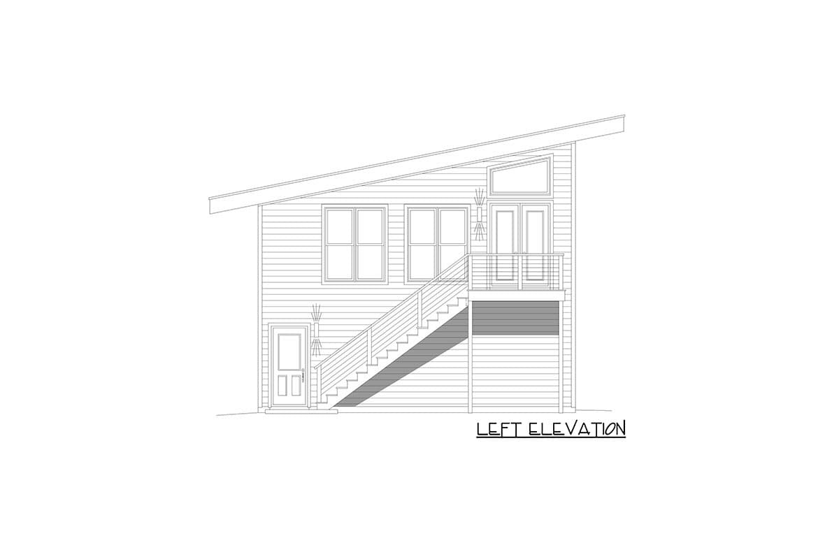 Left elevation house plan with a slanted roofline, exterior stairs, a balcony, and a garage door.