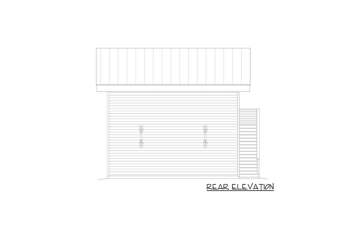 Rear elevation drawing of a house plan showing horizontal siding, a standing seam roof, and a side staircase.