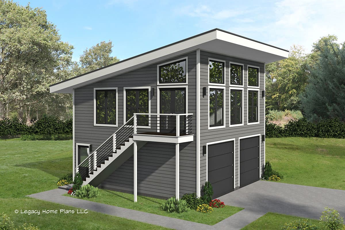 House plan exterior. Modern style, two-story structure with a shed roof. Features include an elevated deck, vertical windows, and two-car garage.