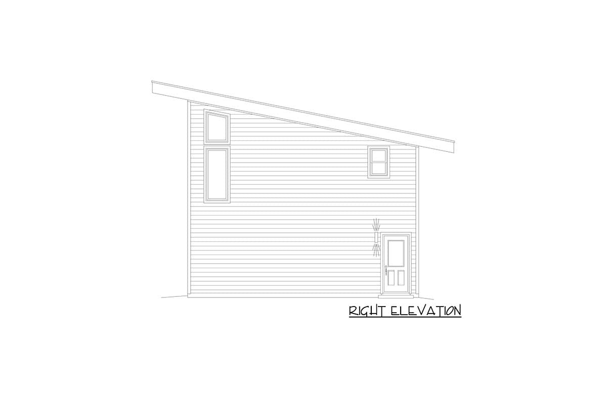 Right elevation drawing showing a door and three windows on a wall with a sloped roofline and horizontal siding.
