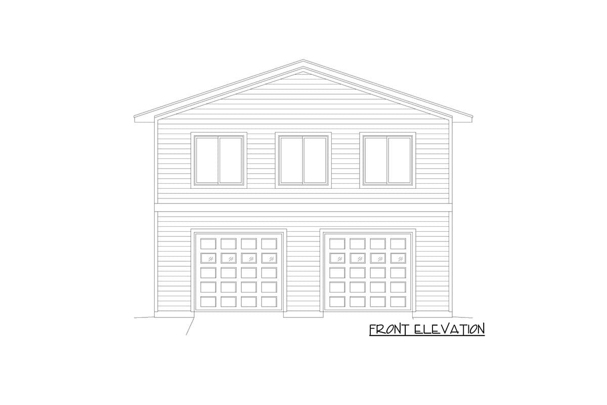 Front elevation drawing of a two-story house plan with horizontal siding, three upper windows, and two double garage doors.