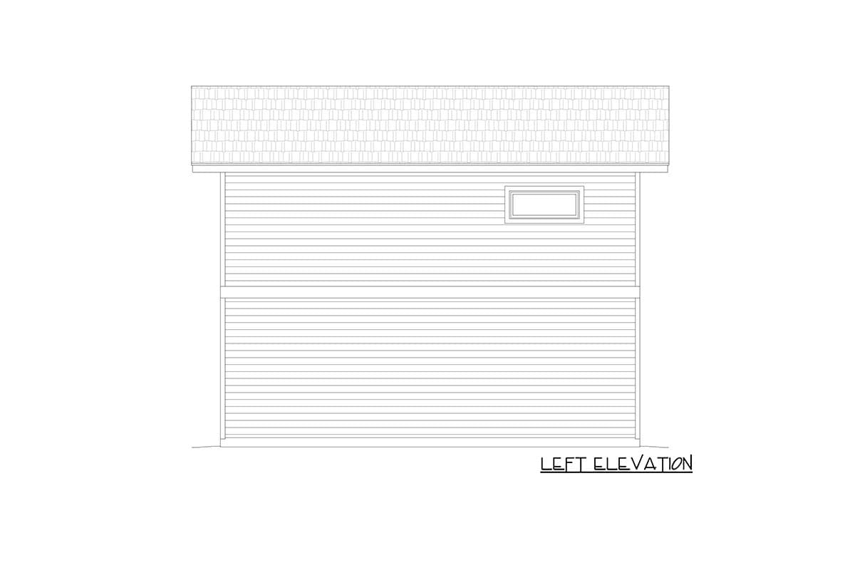 Left elevation drawing of a house plan featuring horizontal siding and a single rectangular window under a shingled roof.