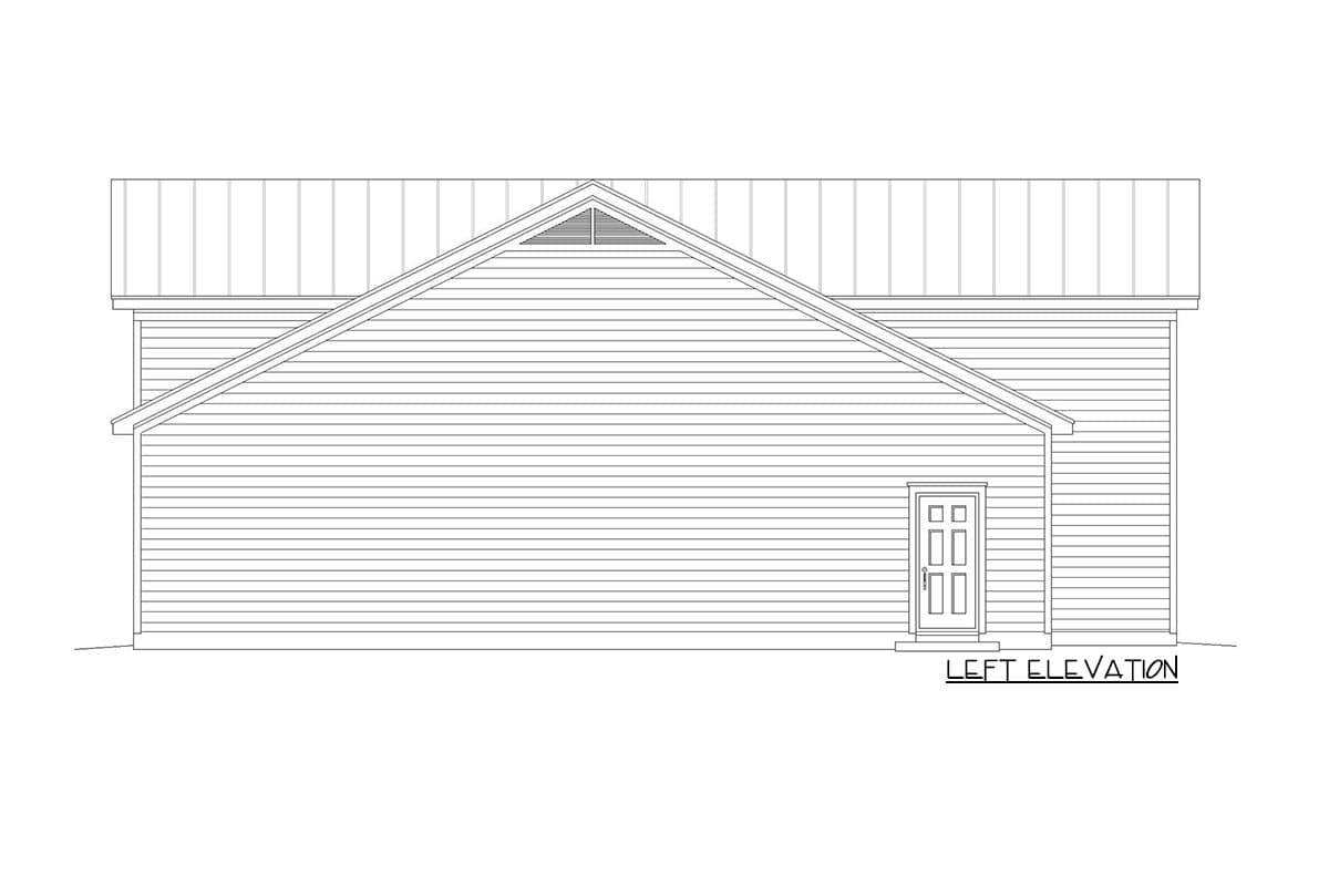 Left elevation of a house plan featuring horizontal siding, a gabled roof with a vented attic, and a double-door entry.