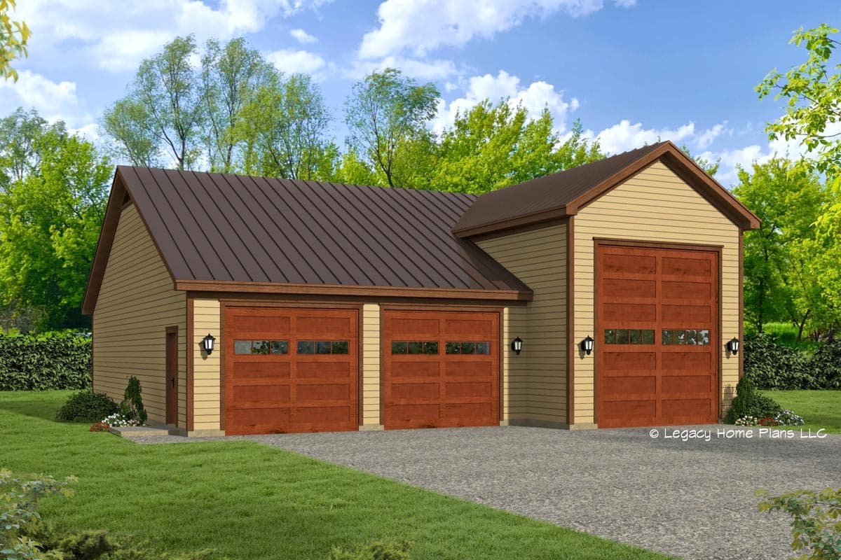 House plan exterior. Two-car garage with three garage doors and gabled roof. Exterior features include a metal roof, and wood grain doors.