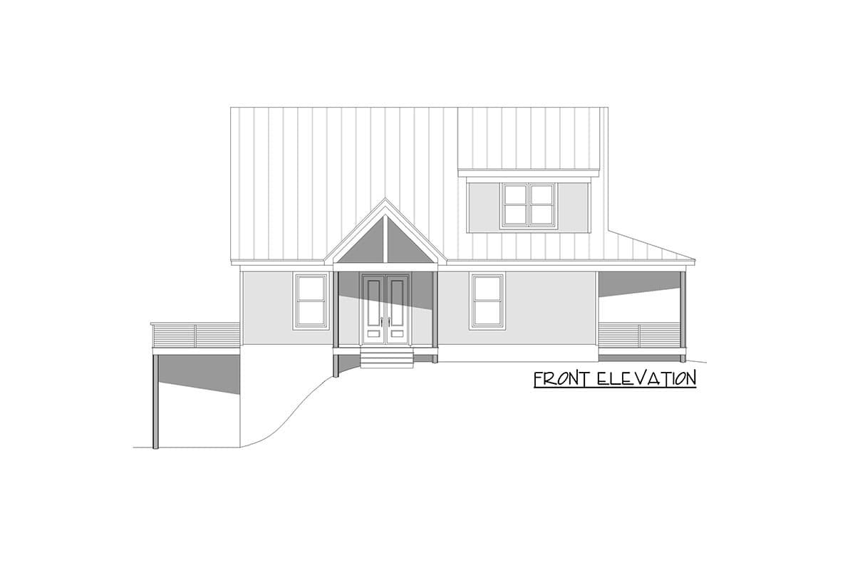 Front elevation drawing of a two-story house with a covered porch, gable roof, and double front doors.