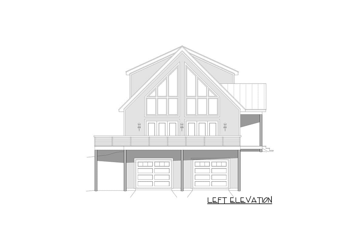Left elevation drawing of a two-story house with a prominent gable, large multi-pane windows, a deck, and a double garage.