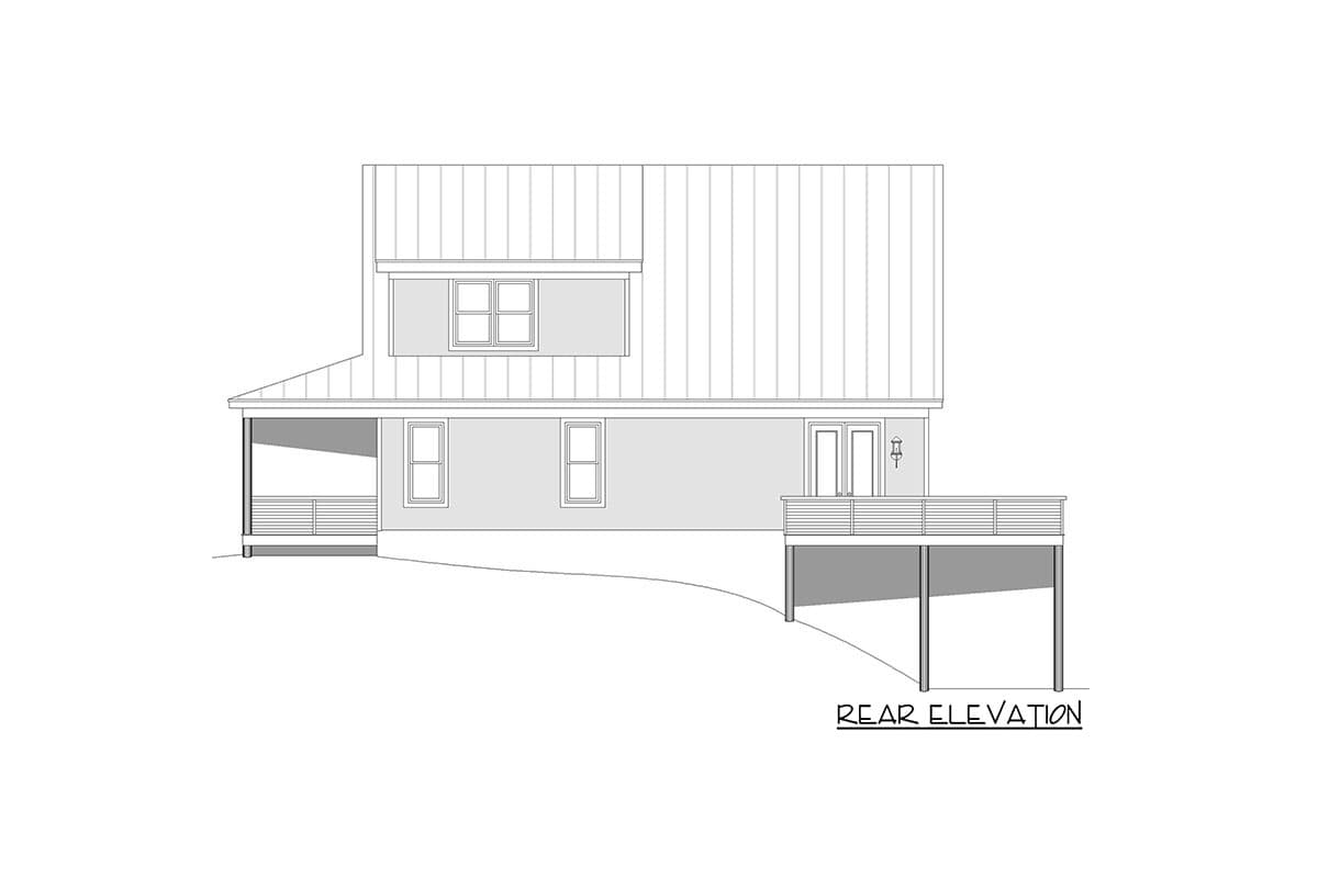 Rear elevation house plan showing a porch on the left, double doors, and a deck on the right.