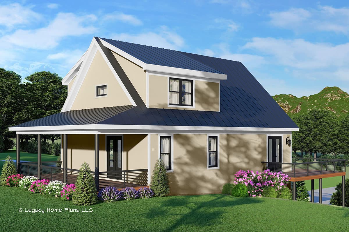 House plan exterior: Modern style, two stories, dark metal roof, full-width front porch, gabled dormer, and elevated deck.