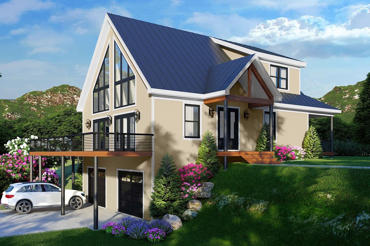House plan exterior, two-story, beige stucco, peaked roofline with large gables, front deck, and two-car garage.
