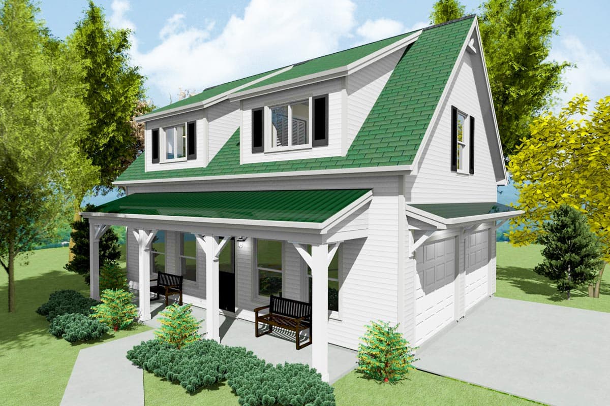 House plan exterior. Two-story farmhouse with a front porch, green gabled roof, and dormers. Attached two-car garage is visible.
