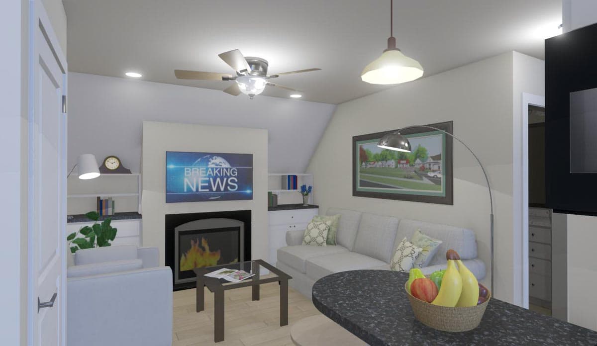 Living room rendering with fireplace, television, sofa, coffee table, and a breakfast bar.