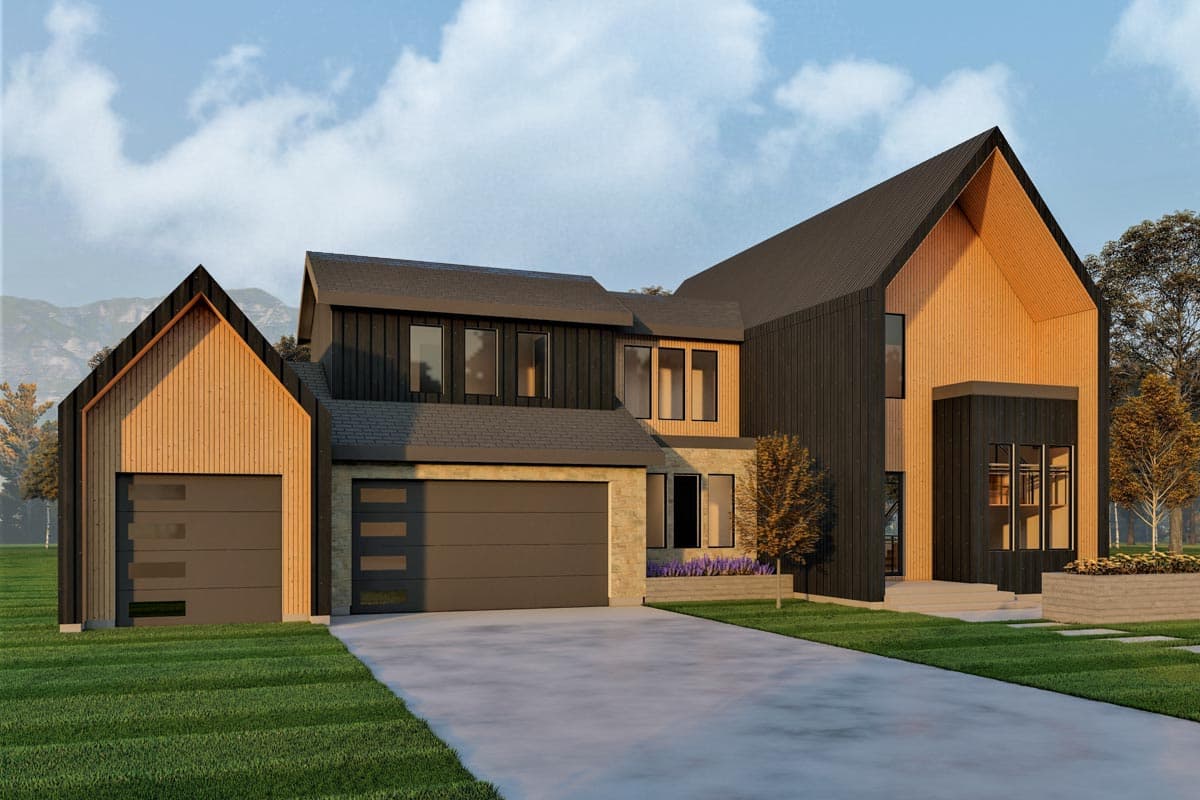 House plan exterior. Modern style, two-story home with board and batten siding, multiple gables, and attached garage with modern door design.